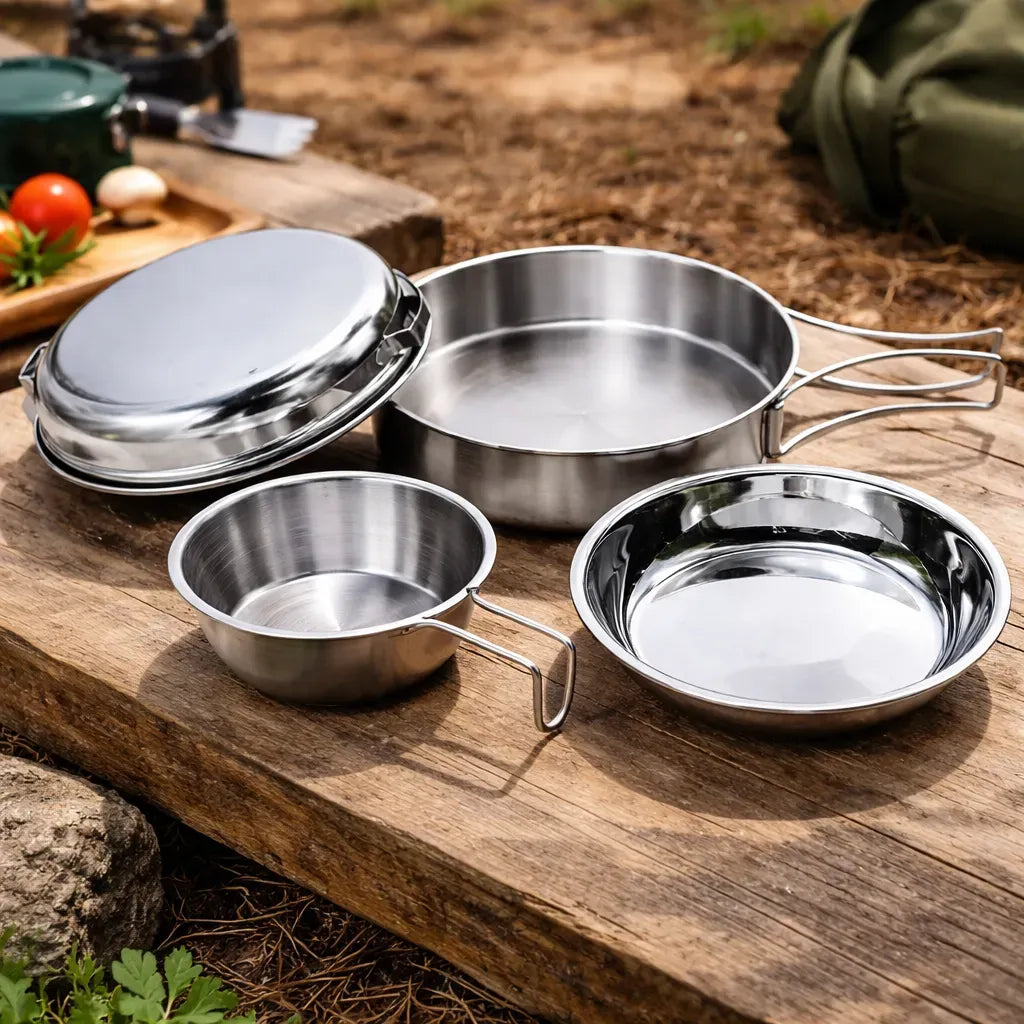 SET DE PLATOS 3 EN 1  PARA UNA PERSONA DE ACERO INOXIDABLE